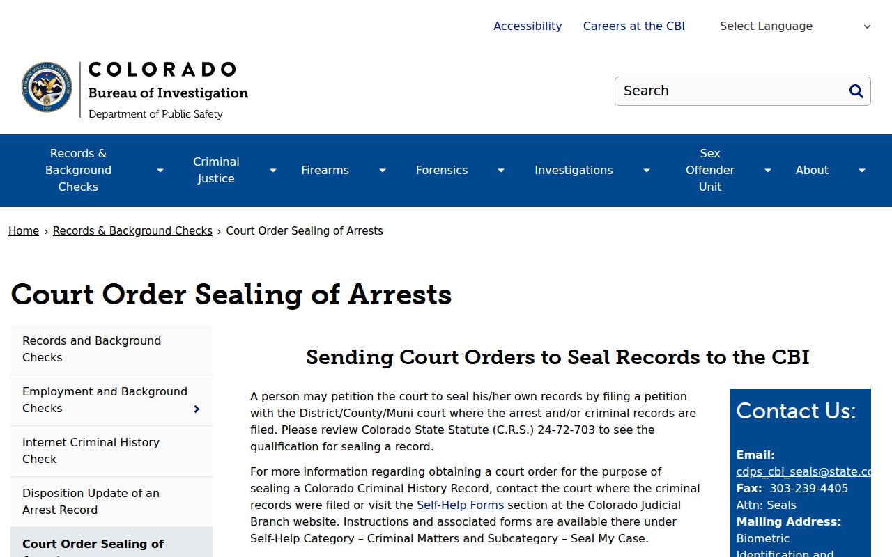 Eagle County arrest record sealing instructions from Colorado CBI