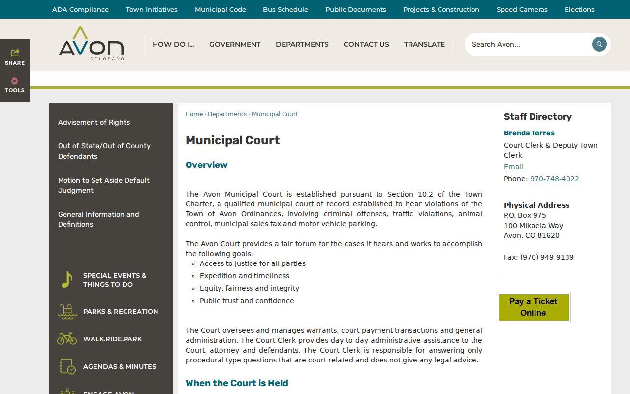 Official Avon Municipal Court of Record information page