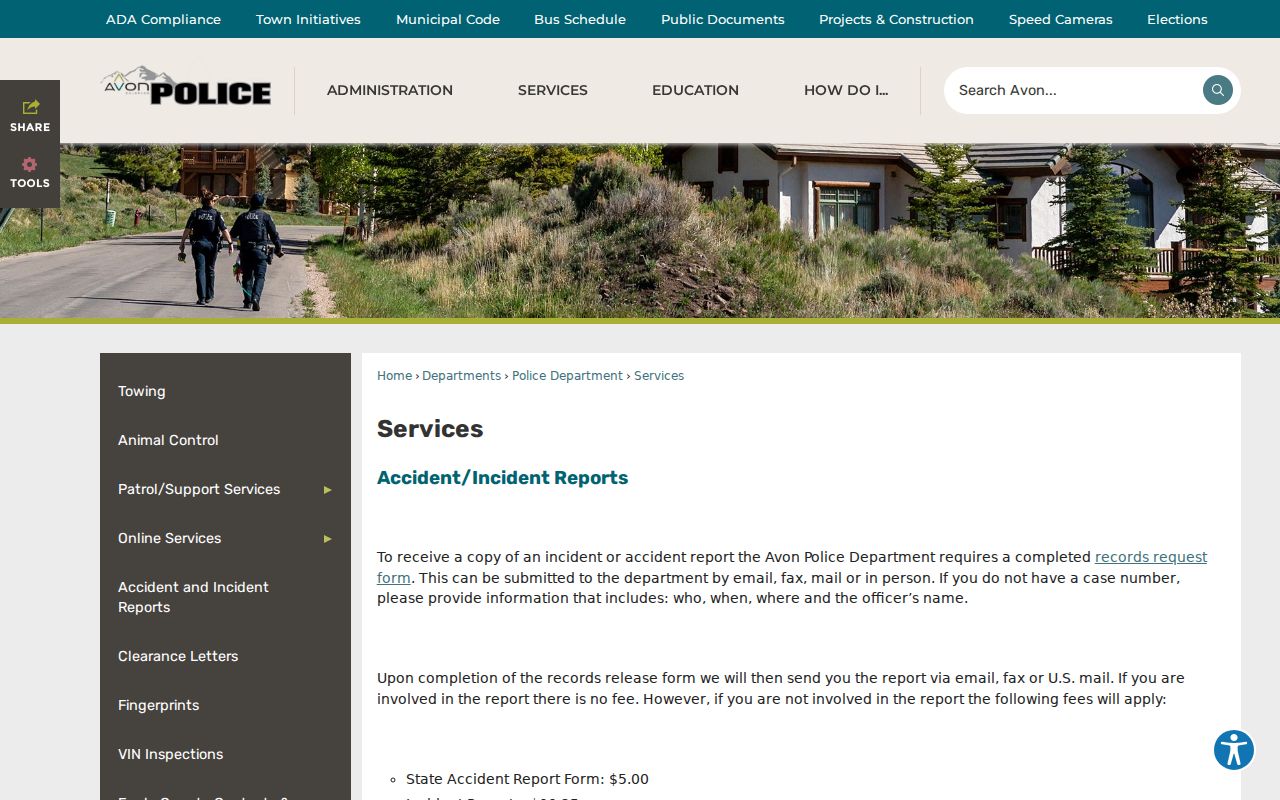 Avon Police Department official records services page