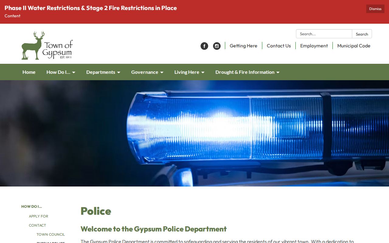 Official Gypsum police services page describing Eagle County Sheriff services